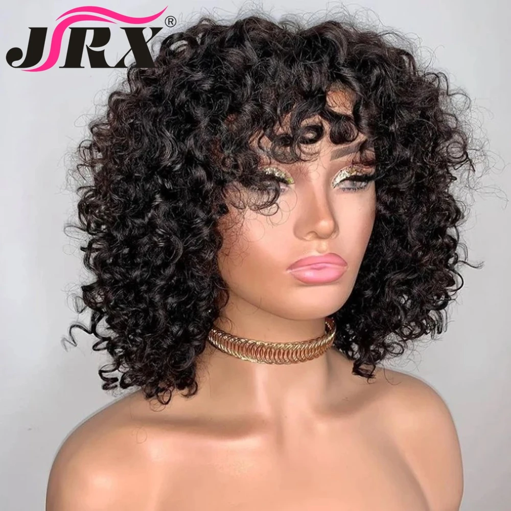 

Peruvian Jerry Curly Natural Black Human Hair Wigs with Bangs Short Curly Remy Fringe Human Hair Machine Made Wigs for Women