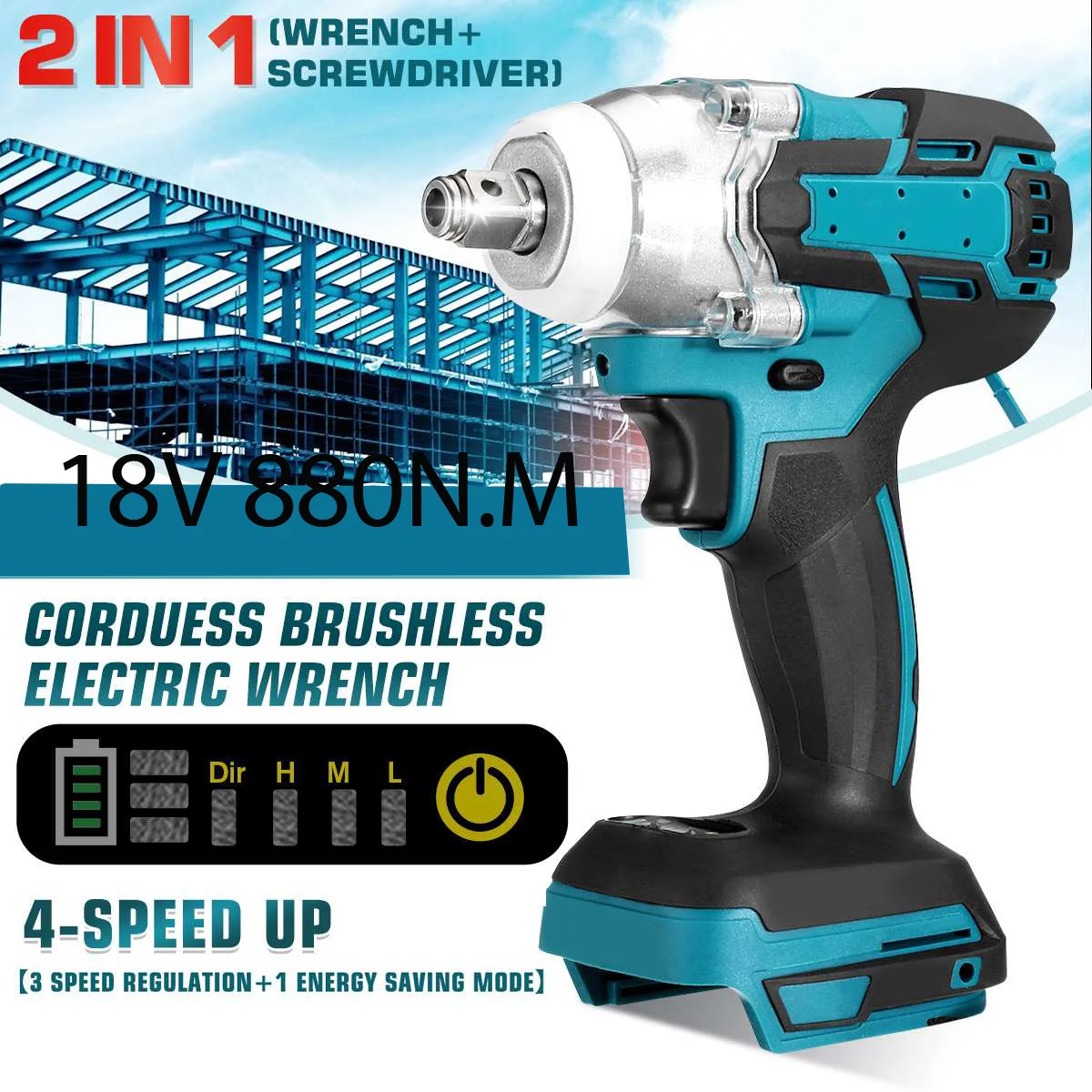 

1000N.M Update 4 speed Brushless Cordless Electric Impact Wrench Rechargeable 1/2 inch Wrench Power Tools for Makita 18V Battery