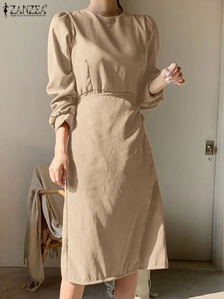 

ZANZEA Women Long Sleeve Midi Dress Party Elegant Round Neck Waisted Robes Casual Wrap Long Dresses 2022 Autumn Solid Vestidos