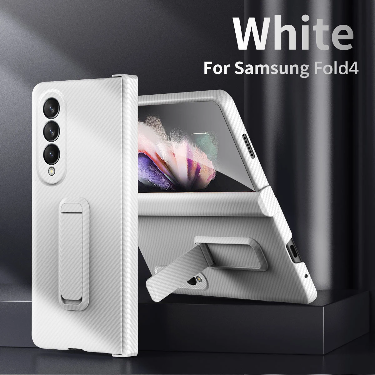 

for Samsung Galaxy Z Fold 4 5G Case Carbon Fiber Texture Hinge Protection Hard Plastic Bracket Cover with Front Glass