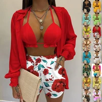 lantern sleeve shirt pocket design shorts sets with frill hem crop top set womens shorts and top sexy outfits for woman suit