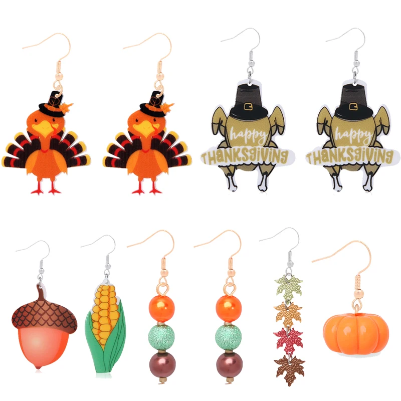 

Thanksgiving Turkey Metal Earrings Creative Pumpkin Maple Leaf Grape Sunflower Corn Earrings For Women Festival Jewelry