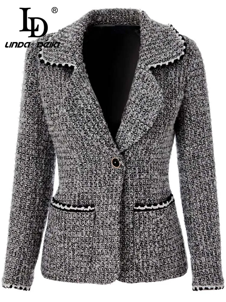 

LD LINDA DELLA Fashion Runway Autumn Winter Jackets Coat Women's Single buckle Long sleeve Pockets Grey Tweed Outwear