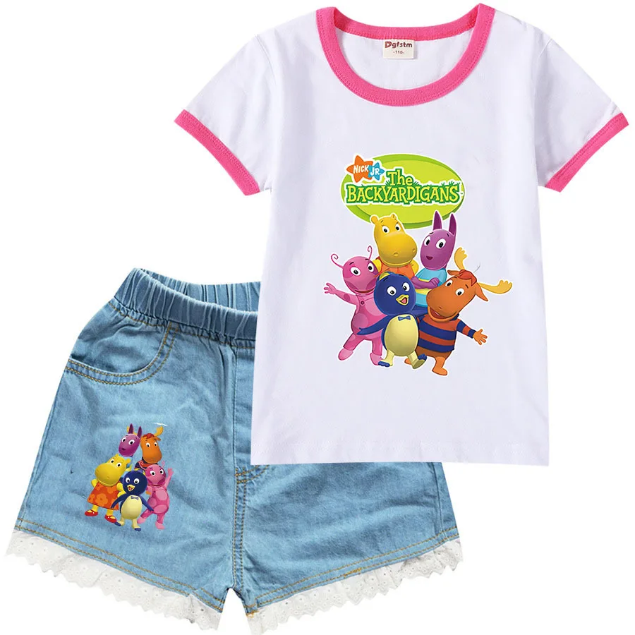 

Summer New Cloths Fashion Backyardigans Girls T-shirts + Denim Shorts 2pcs Suit Toddler Girls TShirt Casual Outfits Kids Costume