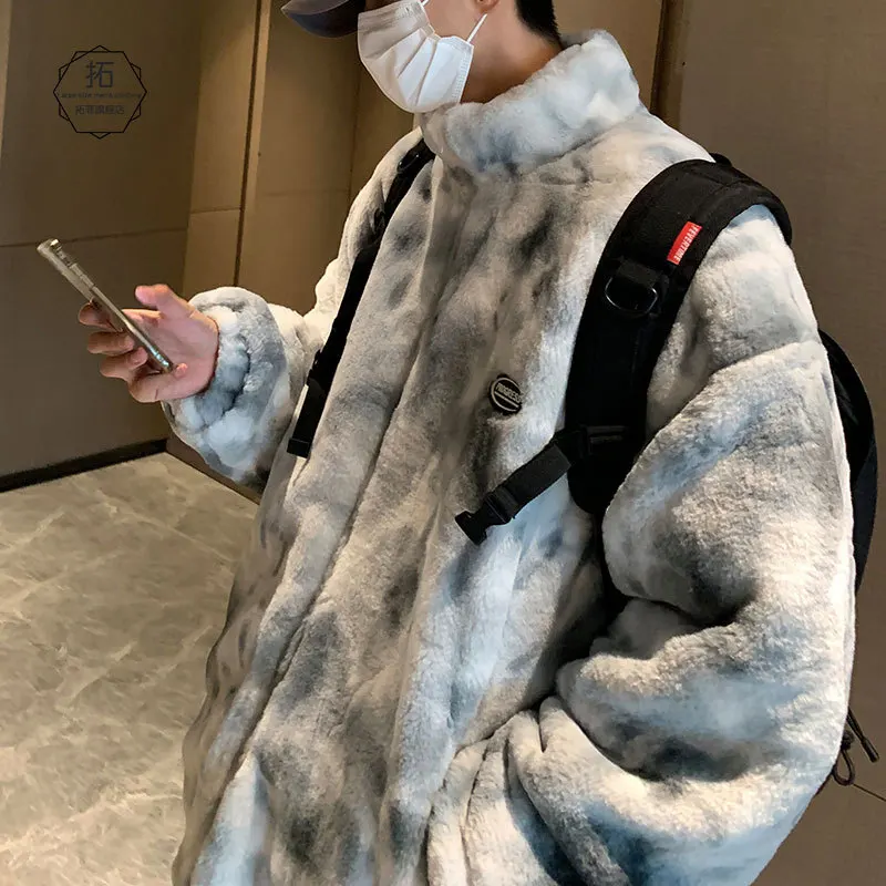 Dye Heart Fuzzy Jackets Warm Coats  Casual Zipper Coats Hip Hop Winter Faux Fur Fleece Jacket Streetwear Men Harajuku Tie