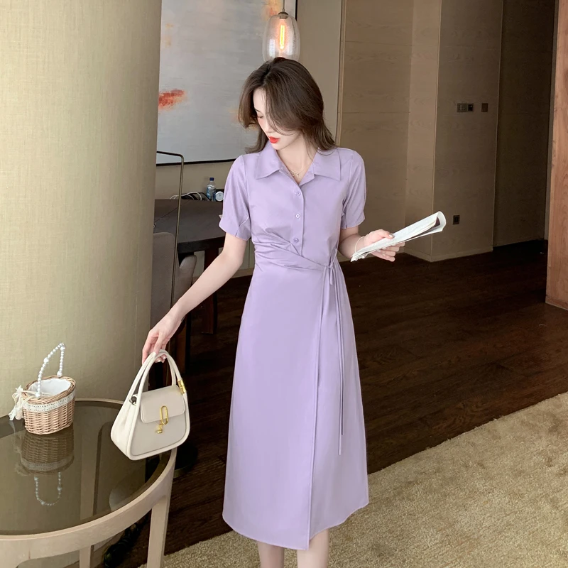 

COIGARSAM Women's Summer Dress 2022 New French Style Thin High Waist Purple Navy Brief Paragraph Dresses Dropshipping