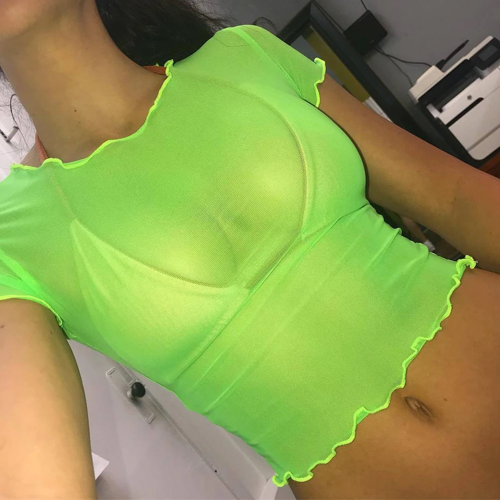 

New Round Collar Short Sleeves Sexy Slim Mesh Crop Top Women's Top