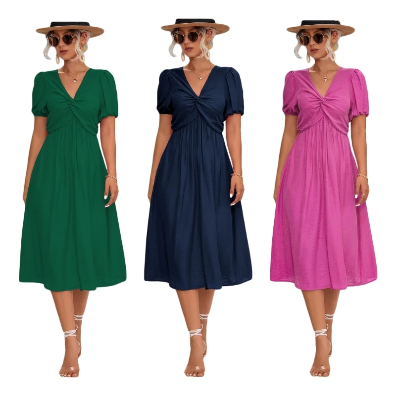 

Womens Fall Summer V Neck Ruffle Short Sleeve Twisted Knots Wedding Midi Dress