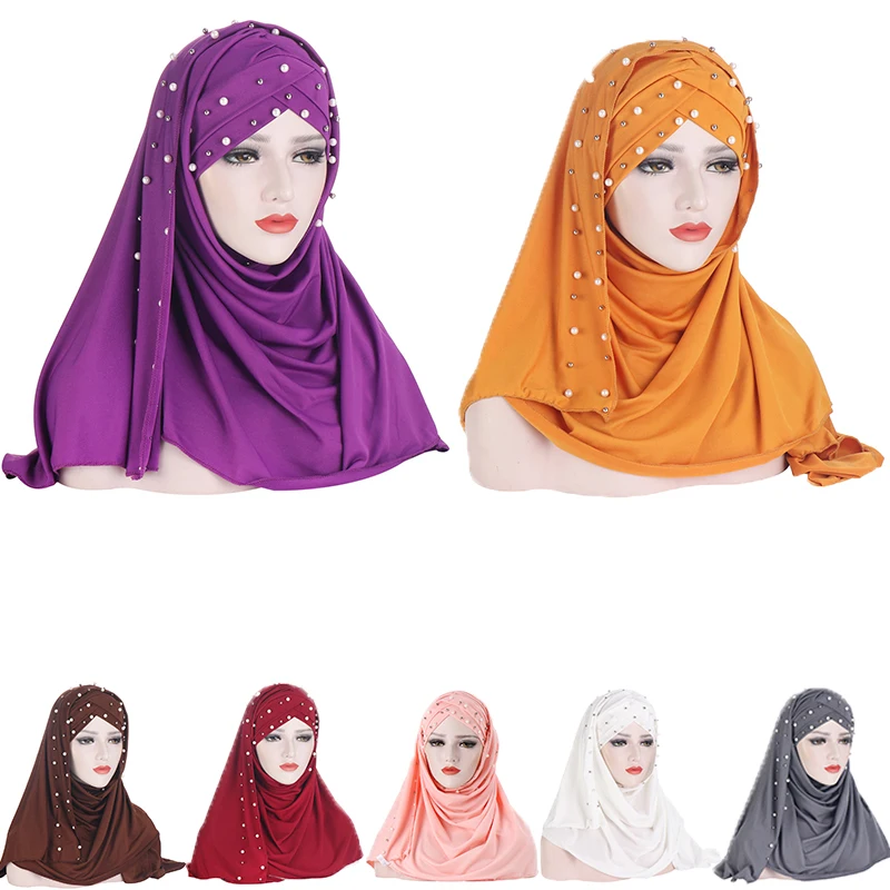

платки женские хиджабы на голову Мусульманский тюрбан с жемчугом, молочный Шелковый монохромный шарф без козырька, шапка с бусинами размер...