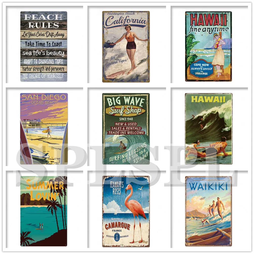

Hawaii Beach Metal Tin Sign Vintage Summer Scenery Metal Plates Posters Bedroom Decoration Pub Bar Tin Sign Metal Wall Plaques