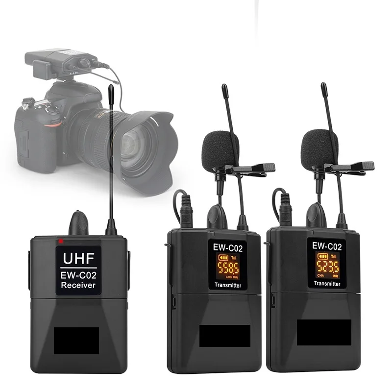 

EW-C02 30 Channel UHF Wireless Dual Lavalier Microphone System 60m Range for DSLR Camera Phone Interview Recording Lapel Mic