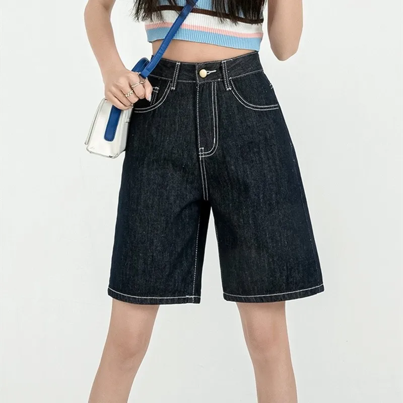 ZHISILAO Solid Knee-length Denim Shorts Women Boyfriend Casual High Waist Wide Leg Shorts Jeans Summer 2022