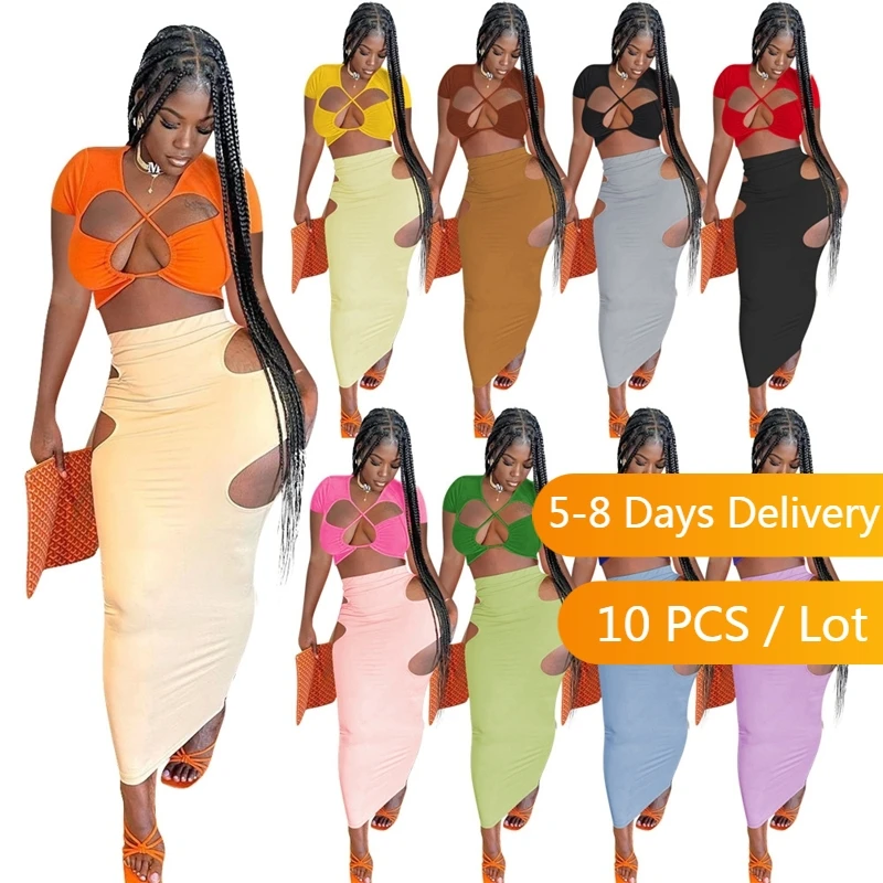 

Оптовая продажа товаров, сексуальный комплект из двух предметов, женский укороченный топ с перекрещивающимися линиями и юбка макси, летний облегающий клубный комплект для женщин