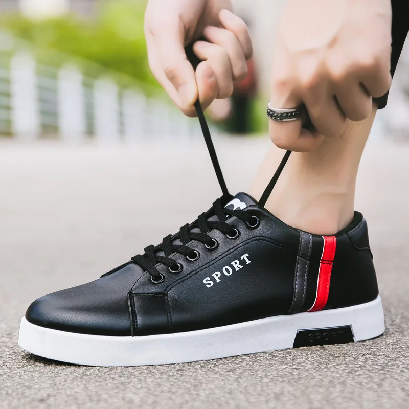 

Black White Mens Sneakers Men's Sports Casual Shoes Fashion PU Leather Shoes Outdoor Spring/Autumn Comfortable Flat Sneakers