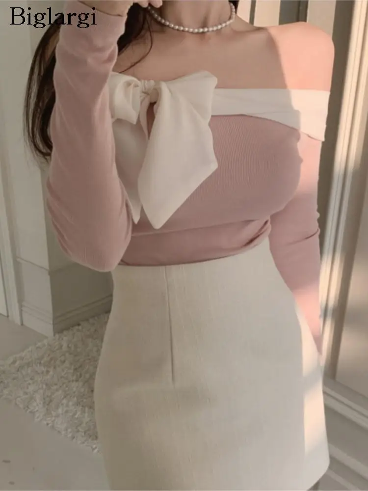 

Knitted Autumn Pullover Tops Women Bow Patchwork Off Shoulder Modis Bodycon Ladies Cropped Tops Korean Style Woman Sweater 2023