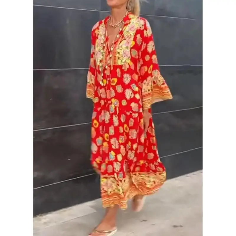 

Женское Свободное платье с цветочным принтом, Повседневное платье-пуловер с расклешенным рукавом и V-образным вырезом, весна-осень 2023