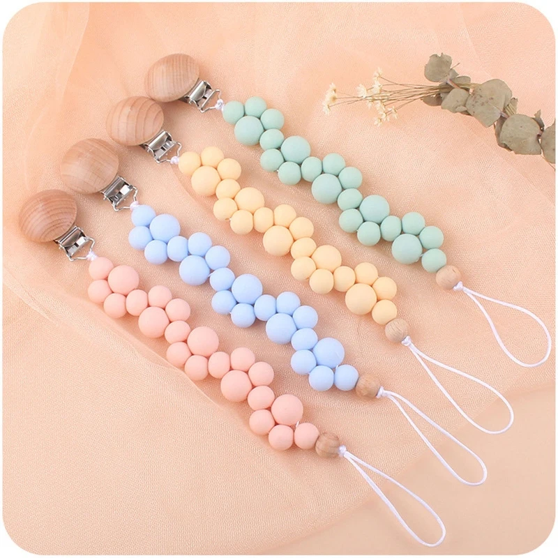

Baby Pacifier Chain Clip Nursing Soother Holder Silicone Beads Teether Beech Wooden Clip DIY Dummy Nipple Holder Leash Strap Sho
