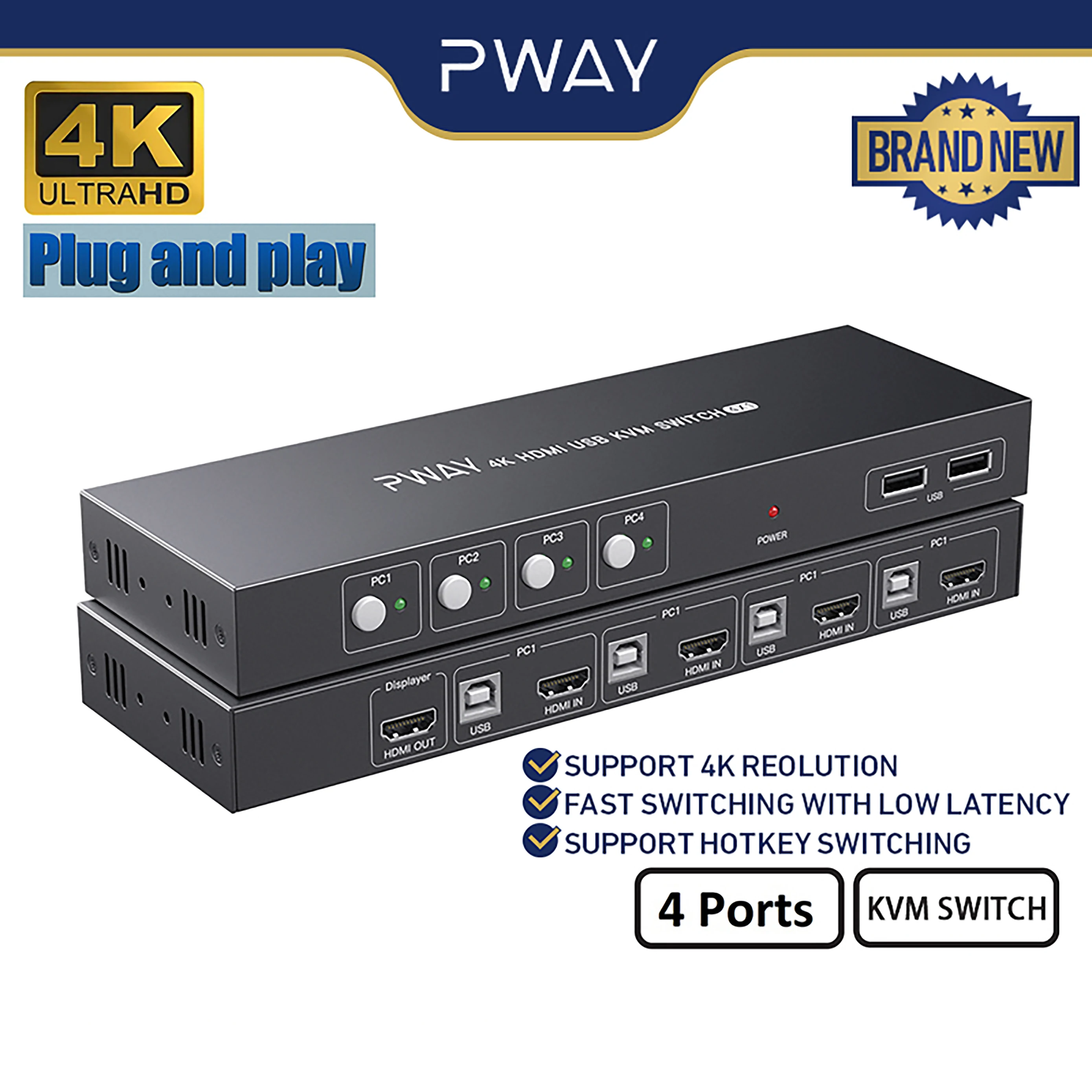 PWAY USB KVM Switch HDMI Splitter With 4 Button Switch Support 4K@60Hz HD Video With USB Hub For PC Macbook Laptop