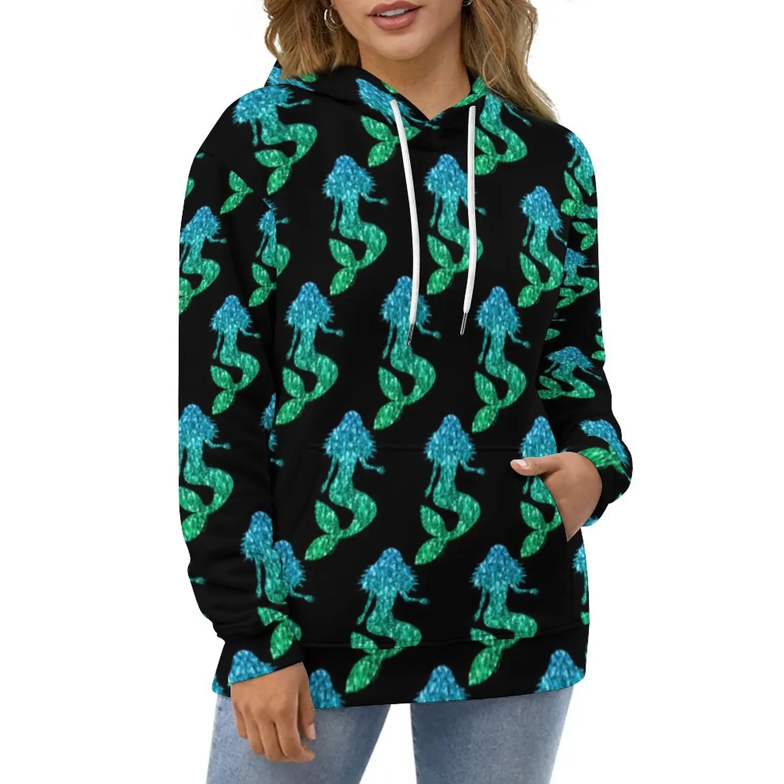 

Ombre Mermaid Hoodies Long-Sleeve Sparkles Print Funny Casual Pullover Hoodie Street Style Oversize Loose Hooded Sweatshirts