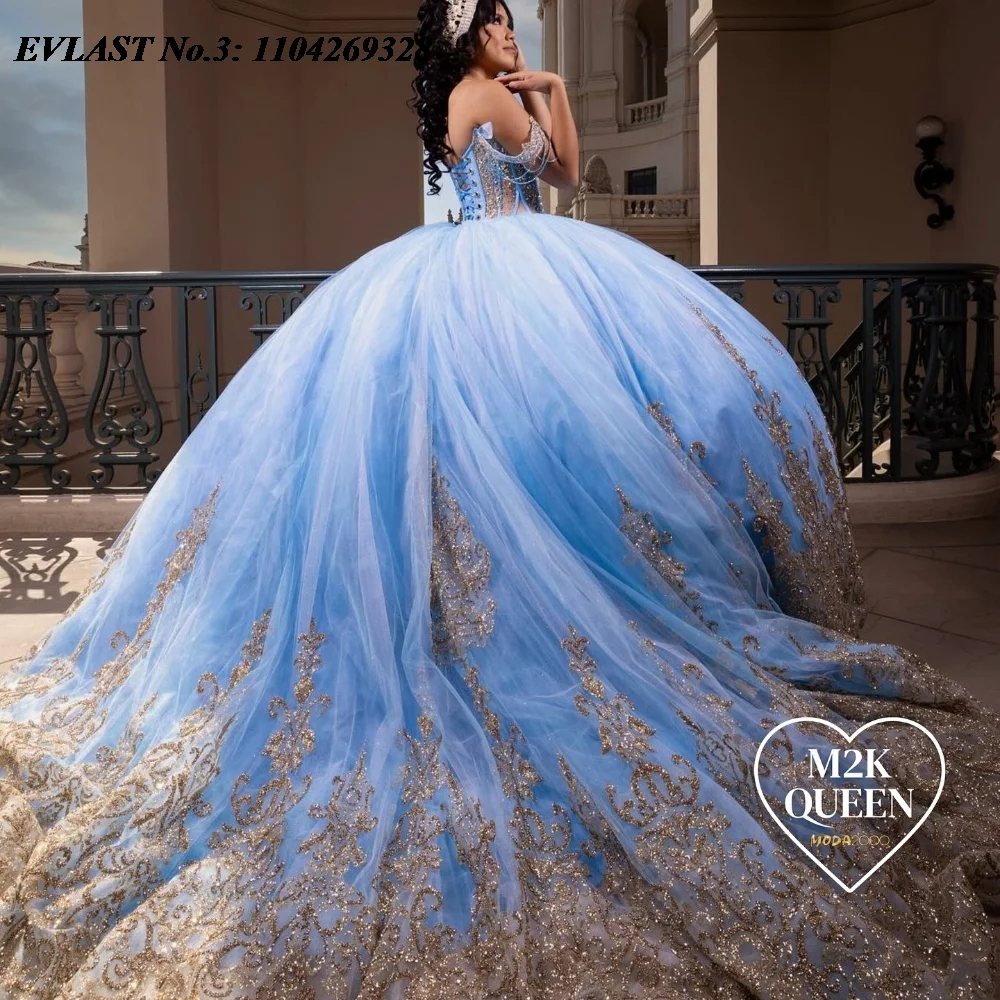 EVLAST индивидуальное мексиканское синее платье Quinceanera бальное золотой кружевной
