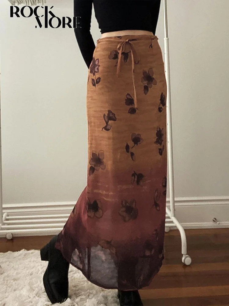 

Rockmore Fairycore Grunge Floral Print Long Skirt Y2K Aesthetics Clothing Vintage High Waist Woman Mid-Length Skirts Chic Korean