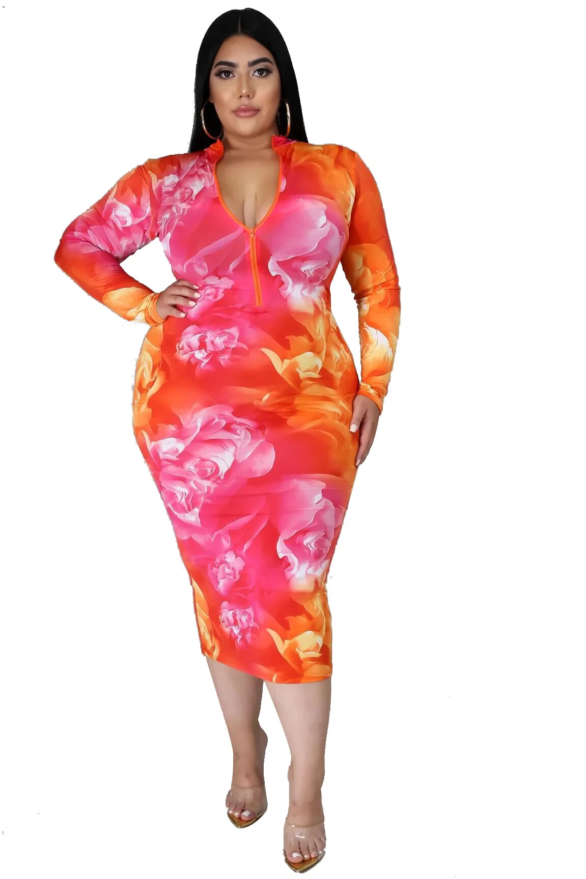 Plus Size Autumn Women's Clothing Sexy Dresses Women Zipper Slim Printing Long Dress Wholesale Dro 3xl 4xl 5xl 6xl