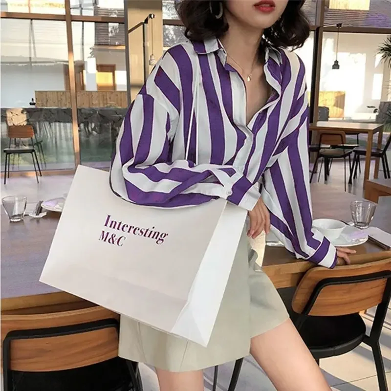 Фото Французские Camisas De Mujer, свободные полосатые офисные женские рубашки с воротником-поло и длинными рукавами, женские корейские модные блузки Femmes, трендовые топы №3