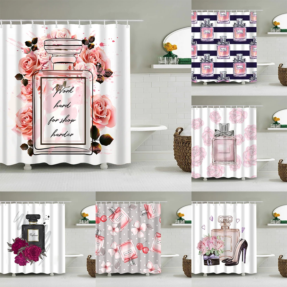 

Perfume Lady Fashion Shower Curtain Girl Makeup Bottle Beauty Modern Polyester Waterproof Fabric Bathroom Bath Curtain with Hook