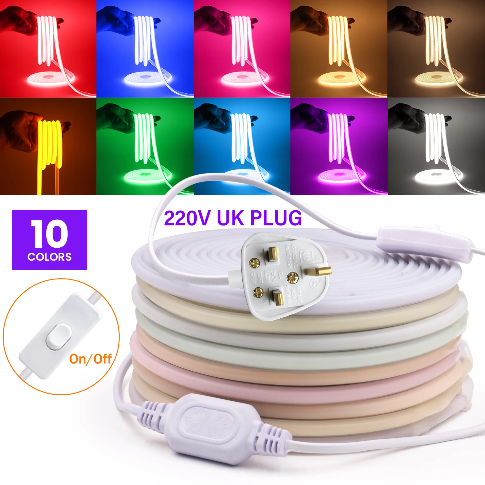 

10 Colors COB LED Strip Light 220V 288LED/M High Density Neon Tube Lamp Tape For Room Kitchen Outdoor Decor With On/Off UK Plug