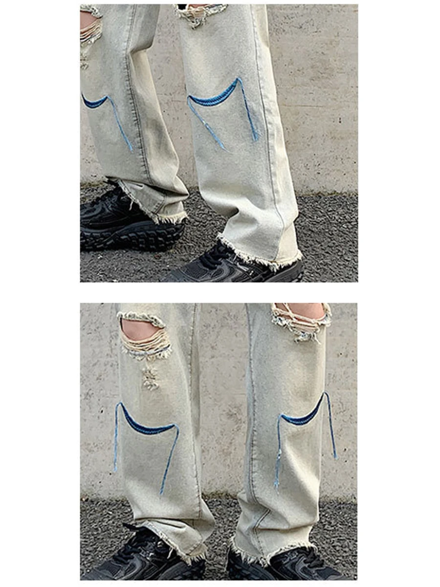 Four Seasons Men's Jeans American Retro Hole Design Pants Trend High Street Straight Wide Leg Pants Streetwear Men Ins Hot Sale