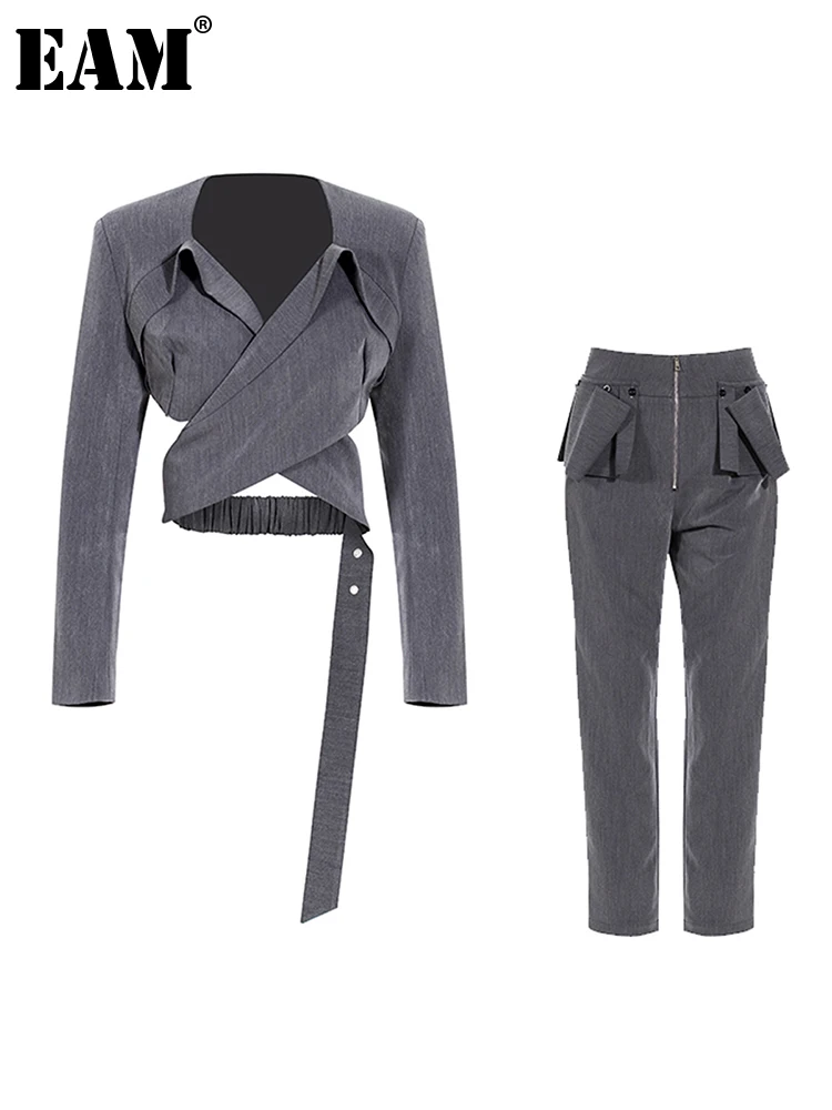 

[EAM] широкие брюки с перекрестной повязкой, костюм из двух предметов, новинка, с отворотом, с длинным рукавом, серый, свободный крой, женская м...