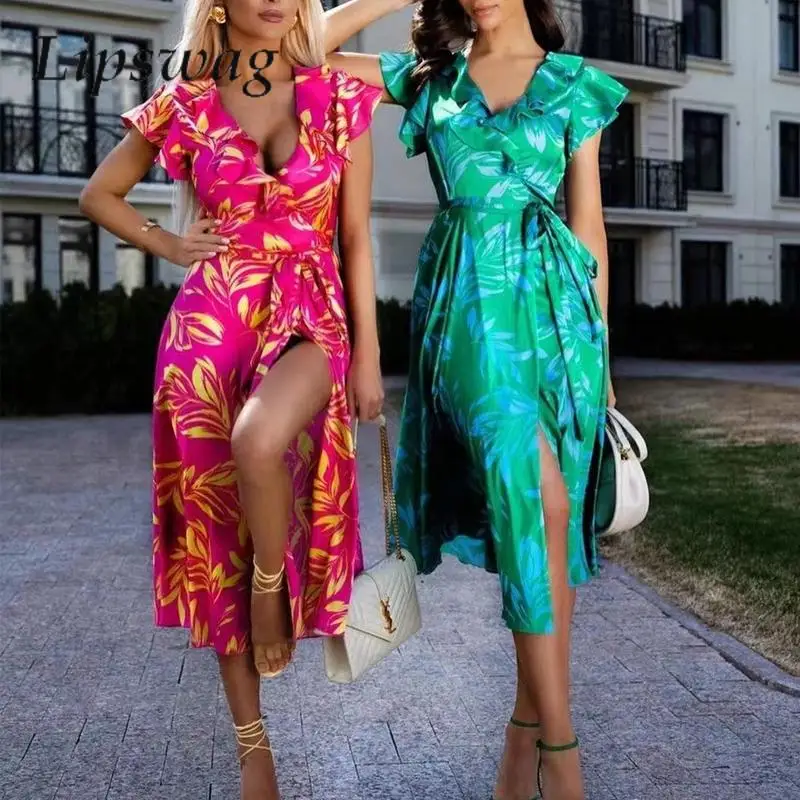

New Fashion Leaf Print Lady Office Dress Casual Ruffles V Neck Sexy Split Long Boho Dress Women Elegant Lace-up Slim Party Dress