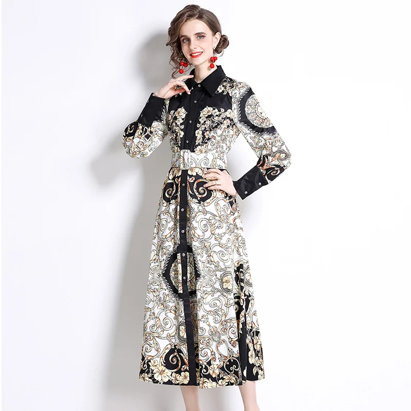 

Spring Fashion Print Vintage Dress Single Breasted Long Sleeve Dresses Sashes Mid-Calf Regular Turn-down Collar Big Shirt Dress