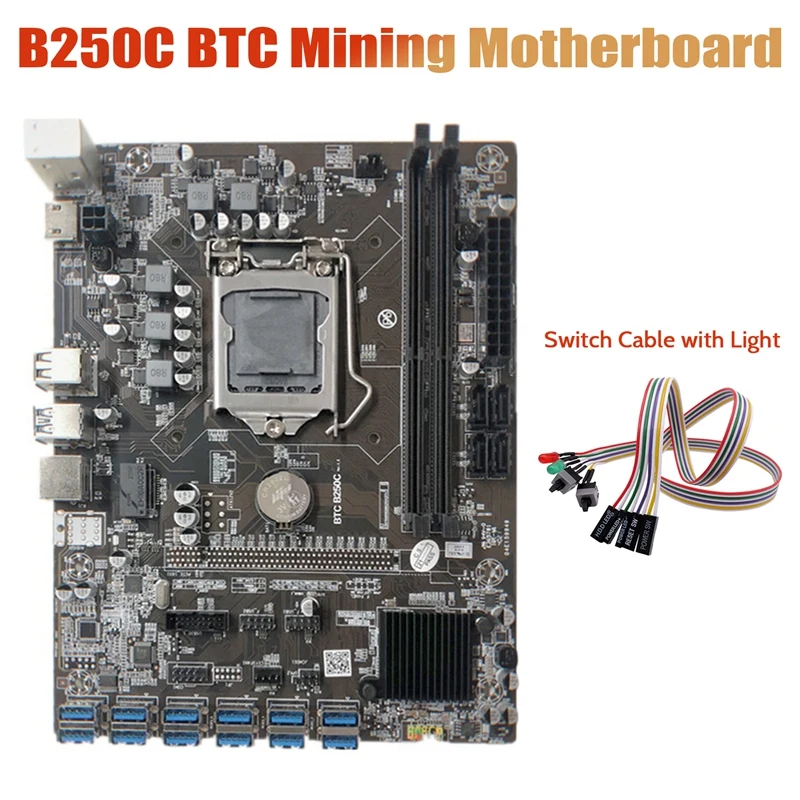 B250C Miner Motherboard+Dual Switch Cable with Light 12 PCIE to USB3.0 Graphics Card Slot LGA1151 DDR4 for BTC Mining | Компьютеры и