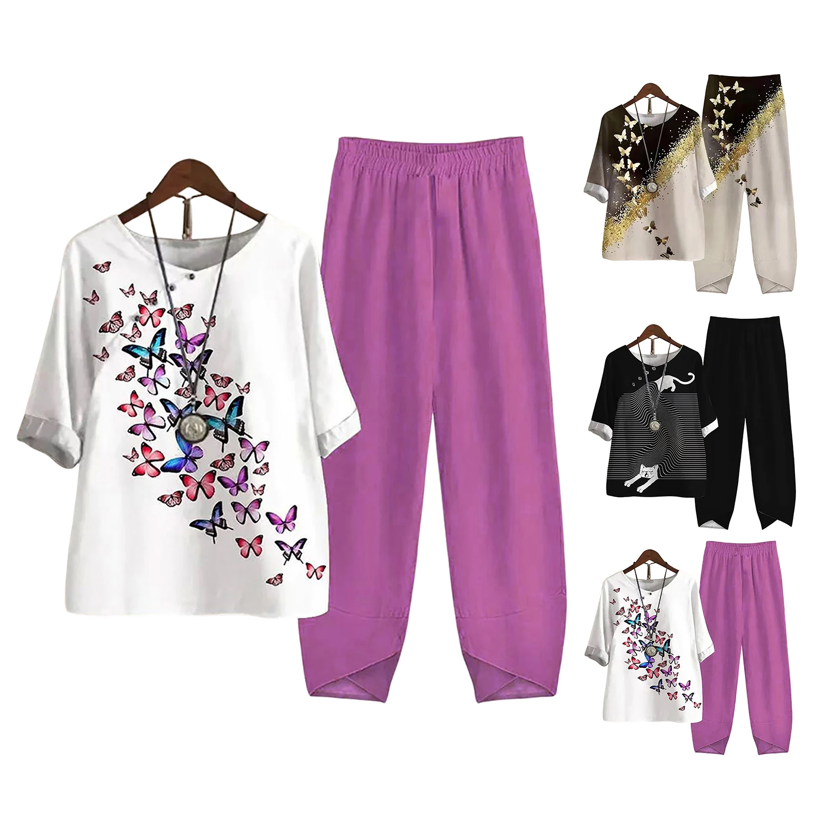 

Женский костюм из топа и брюк, повседневная женская блузка и брюки со средней талией и разноцветным узором, стильные весенние топы в полную длину, костюм