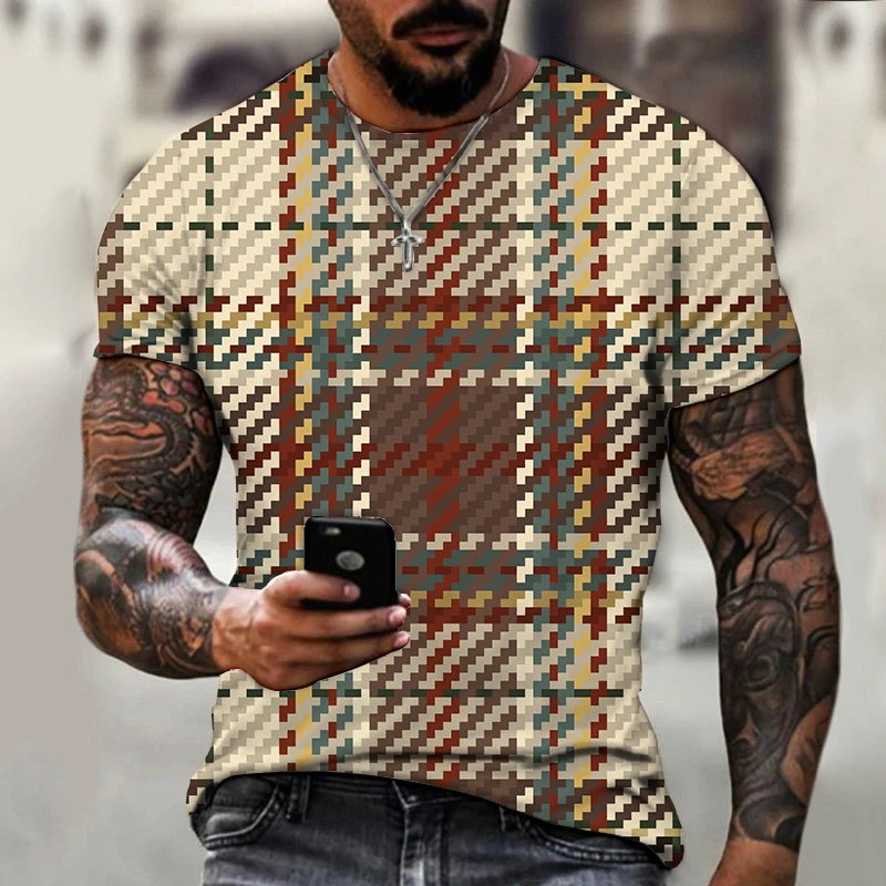 

Cool Plaid Stripe Pattern Fashion Men's T-shirts Harajuku Short Sleeve Tops Casual 3D Print Style Oversized Streetwear Funny