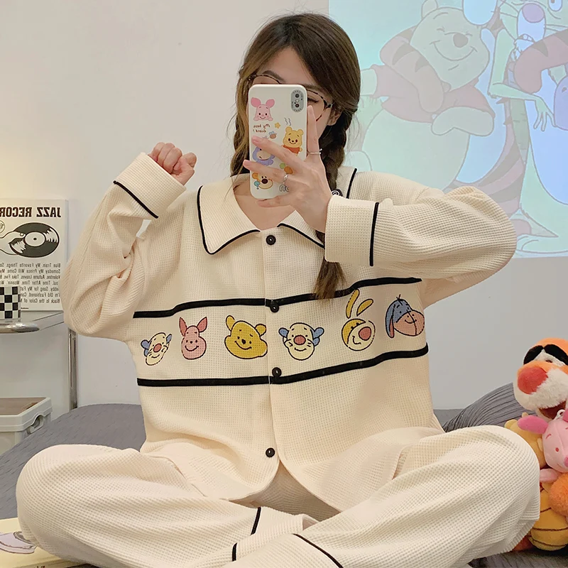 Waffle Pajamas Women Spring and Autumn Winter Pure Cotton Long sleeve Cute 2023 New Can Be Worn outside Homewear Set