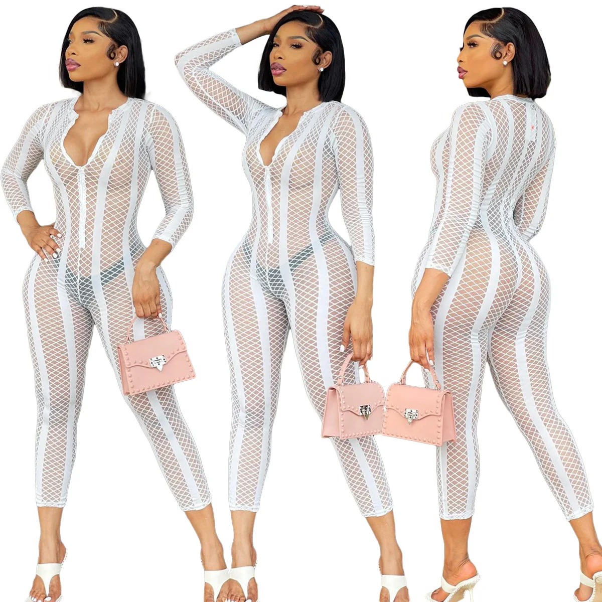 

Zip Hollow Out Night Party Club Jumpsuit Women Sexy Pajamas Lingerie One Piece Rompers Outfit Overall Casual Fishnet Long Sleeve