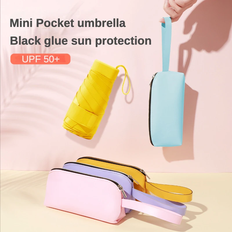 

Leather Case Zipper Bag Mini Folding Sunscreen Umbrella for Women Sunshade Sun and Uv Protection Small Portable Pocket Umbrella