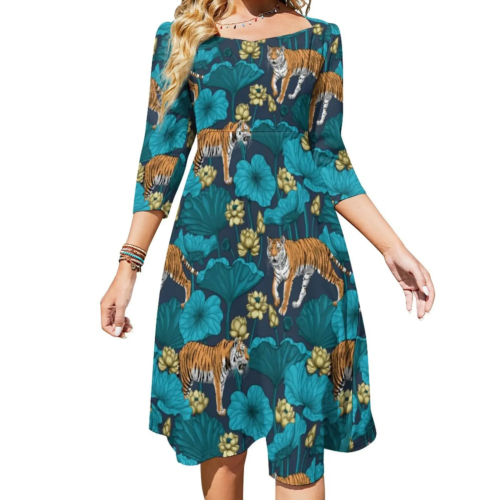 

Wild Tiger Casual Dress Women Yellow Pond Aesthetic Dresses Beach Dress With Bow Summer Oversized Vestidos