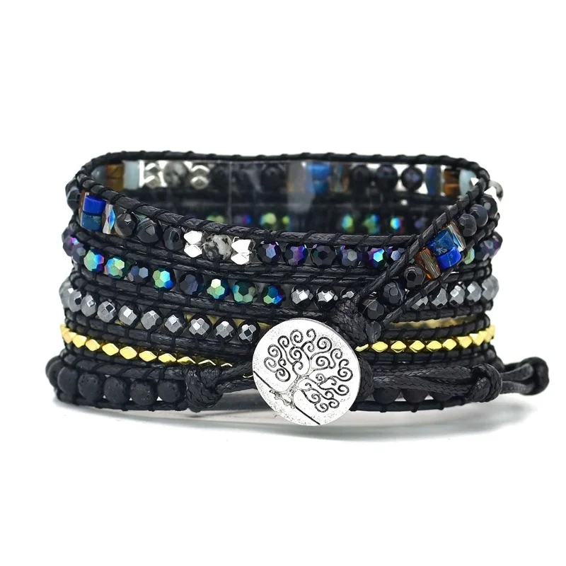 Black Watch Band Women Men Boho Bracelet Strap for Apple Watch Retro Mixed Natural Stones Jewelry Multi Wrap Bracelet Gift