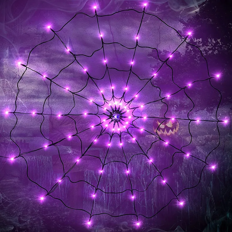 

LED Purple Spider Web Light String 8 Patterns Light Up Halloween Decor Indoor Outdoor Garden Patio Home USB style remote
