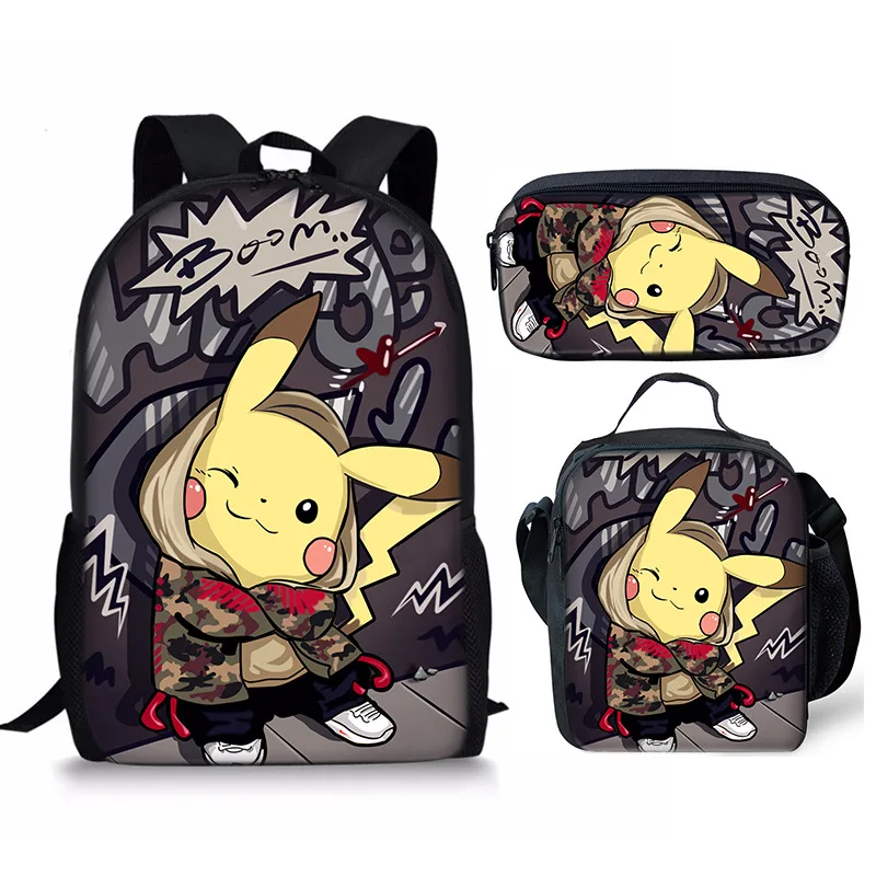 

New Three-piece Pokemon Student Pikachu Schoolbag Cartoon Anime Three-piece Lunch Bag Pencil Zipper Shoulders Bag