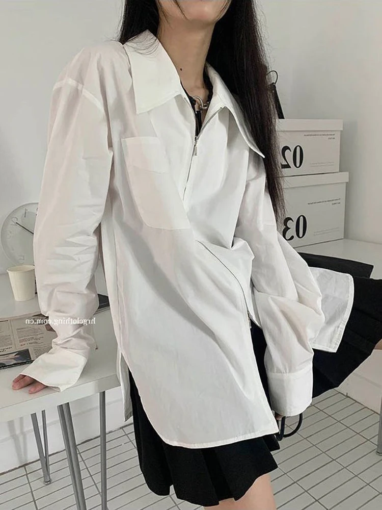 

Рубашка женская Повседневная на молнии, блузка оверсайз с длинным рукавом, топ свободного покроя, с карманами, весна-осень