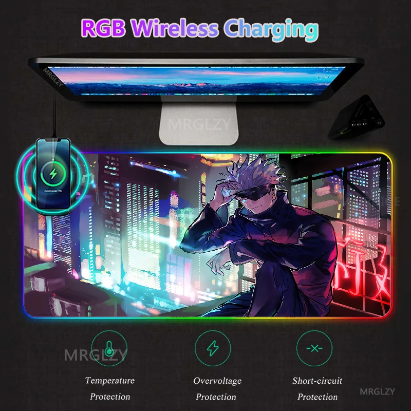 

Jujutsu Kaisen RGB LED Mouse Pad Charger Mat Gojo Satoru Game Accessories Backlit Gaming Wireless Charging Play Mats Carpet Rug