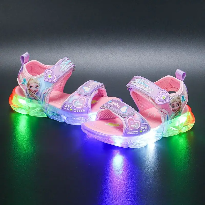 Disney LED Light Casual Sandals Girls Elsa Princess Frozen Outdoor Shoes Children's Luminous Glow Baby Kids Sandals Size 26-37