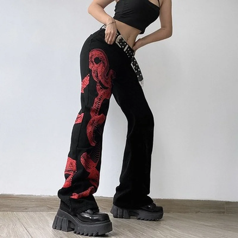 2021 Autumn Snake Print Baggy Jeans Women Low Waist Hippie Denim Trousers Dark Academia Goth Streetwear Cargo Pants 90s Korean