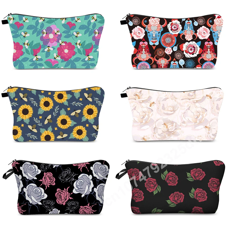 

Hot Sale Flower Makeup Bags Rose Print Women's Cosmetic Bag Ladies Travel Organizer Lipstick Zipper Outdoor Handbag Female Purse