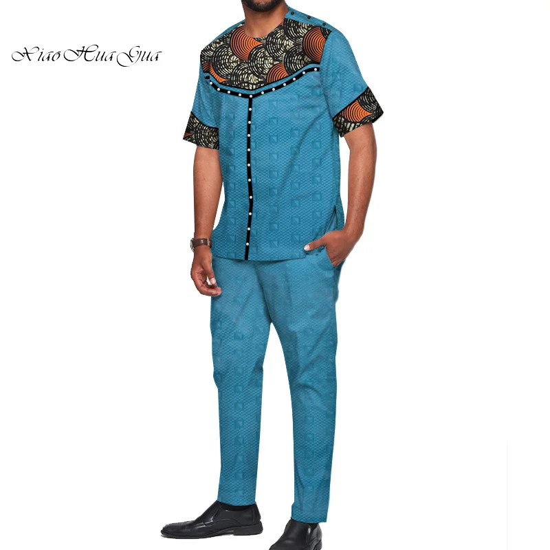 African Design Clothing Casual Men Jacquard Top Shirts and Pants Sets Bazin Riche Print Pearls 2 Pieces WYN722 | Тематическая