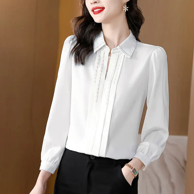 

Simplicity Fashion Polo-Neck Solid Color Blouse Office Lady 2023 Spring Elegant Chic Spliced Long Sleeve Shirt Women's Clothing